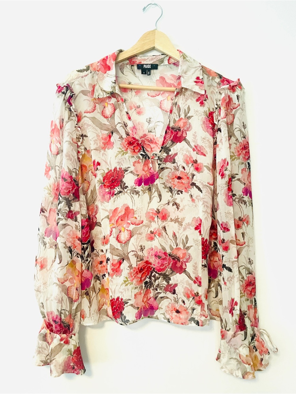 PAIGE Cream silk cottage core romantic Blouse with Pink & Red Floral Print, LTD